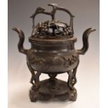 Chinese covered twin handled censer with under tray/ stand, grape and vine decoration and handle