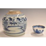 Chinese blue and white ginger jar and a tea bowl, tallest 16cm