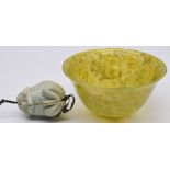 Chinese spinach jade bowl (10.5cm diameter) together with a hardstone frog netsuke