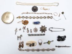 A silver ring, Scottish silver brooch, silver cufflinks, silver bracelet, jet brooch, Victorian