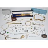 A collection of costume jewellery including watches, earrings, rolled gold bangles, silver rings,