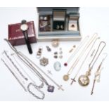 A collection of jewellery including silver rings, Rotary watch, silver football medallion, silver