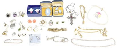 A collection of jewellery including Wedgwood earrings and brooch, silver clover necklace, coral
