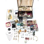 A collection of costume and silver jewellery including rings, brooches including agate, silver