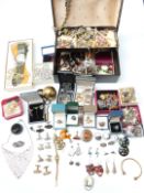 A collection of costume and silver jewellery including rings, brooches including agate, silver