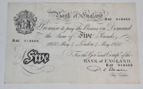 Bank of England white £5 note, Beale, 4th May 1950