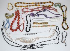 A collection of necklaces and bracelets including sponge coral, French jet, amethyst, diamanté,