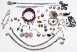 A collection of costume jewellery including silver rings, silver bangle, Scottish / Celtic brooch