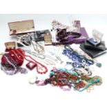 A collection of costume jewellery including 9ct gold watch, amethyst necklace, vintage watches,
