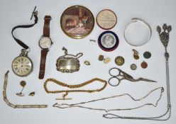Rolled gold Albert, rolled gold necklace, silver bangle, pocket watch, Junghans watch, etc