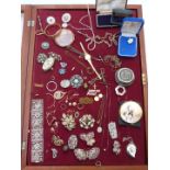 A collection of costume jewellery including filigree, Victorian locket, quartz pendant, micro mosaic