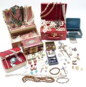 A collection of costume jewellery including Arts & Crafts brooch, mother of pearl rosary beads