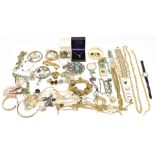 A collection of jewellery including Grosse earrings, mother of pearl button, filigree brooch,