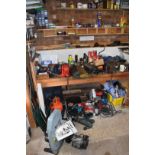 Tools including Delta bandsaw, Makita cordless drill, sheet metal rolls, spanners, files, socket