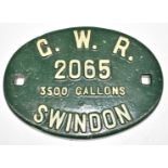 GWR 3500 gallon steam railway locomotive tender plate, number 2065, W21cm