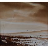 Ashley Jackson (b 1940) watercolour of a moorland scene with birds, signed lower right, 20 x 21cm,