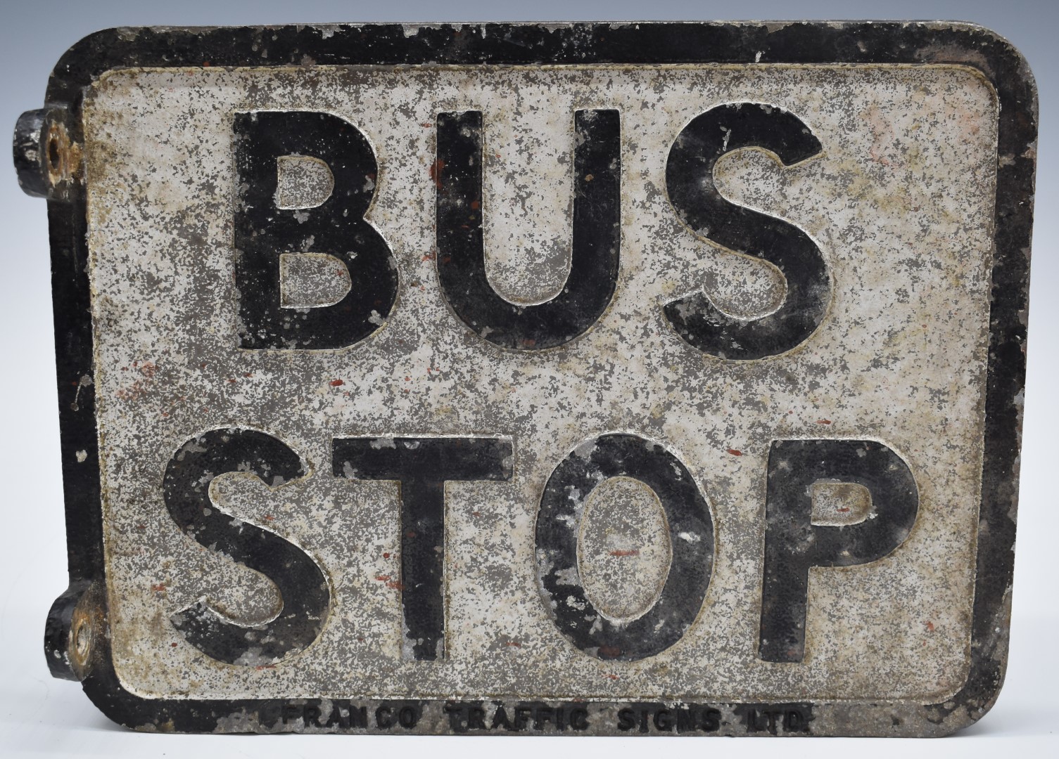 Vintage cast aluminium double sided bus stop sign by Franco Traffic Signs Ltd, model BSS1, 23 x 30.