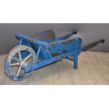 Victorian or early 20thC wooden wheelbarrow with metal wheel rim, length 160cm