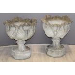 Pair of stone style garden planters with acanthus leaf decoration, diameter 51cm, height 59cm
