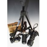 Nikon cameras and accessories to include Nikon F90X SLR camera fitted with Sigma 70-300mm 1:4-5.6