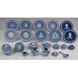 A collection of Wedgwood Jasperware miniature teaware, plaque etc, largest diameter 11.5cm