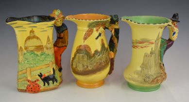 Three Art Deco Burleigh Ware jugs comprising Dick Turpin / Highwayman, Pied Piper and Dick