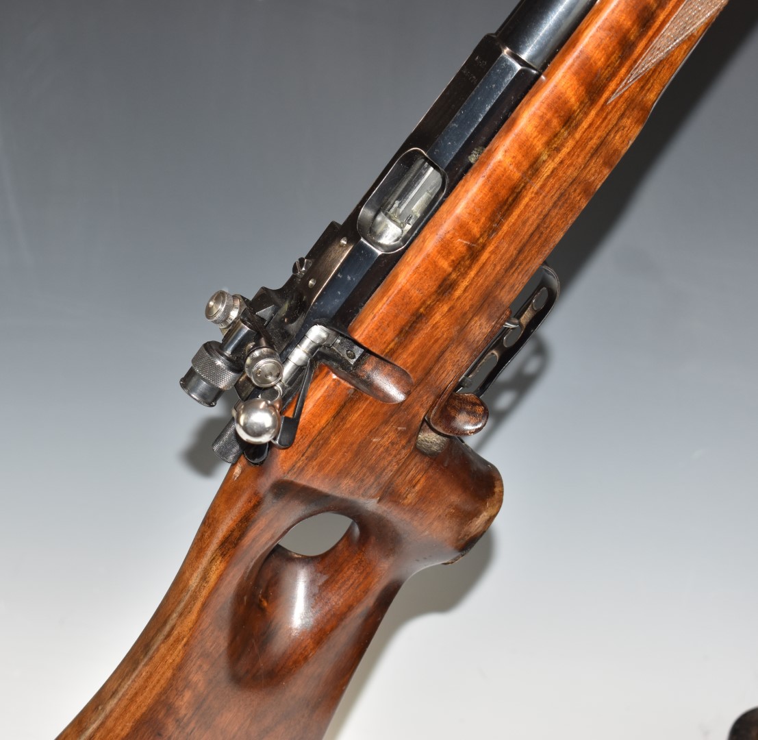 Vostok MU-12 .22 bolt-action target rifle with thumb hole grip, chequered forend, raised cheek