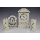 Belleek clock and two vases, together with a Portmeirion clock, tallest 25cm