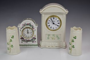 Belleek clock and two vases, together with a Portmeirion clock, tallest 25cm