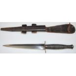 Fairbairn Sykes style dagger with 17cm double edged blade and leather sheath. PLEASE NOTE ALL BLADED