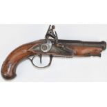 Unnamed flintlock coat pistol with silver wire inlaid grip, metal ram-rod and mounts and 4.25 inch