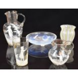 Five pieces of glassware comprising Sabino Bramble opalescent dish, Venini style vase with zanfirico