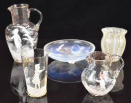 Five pieces of glassware comprising Sabino Bramble opalescent dish, Venini style vase with zanfirico