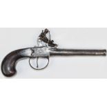 Unnamed flintlock pistol with shaped wooden grips and 4.5 inch smooth bored barrel, overall length