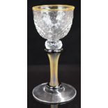 Paul Barcroft British studio glass goblet with twisted bowl, applied rim and matt stem, 18.5cm tall.
