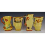Four Art Deco Burleigh Ware / Wade Heath jugs, one with bird handle and another relief decorated