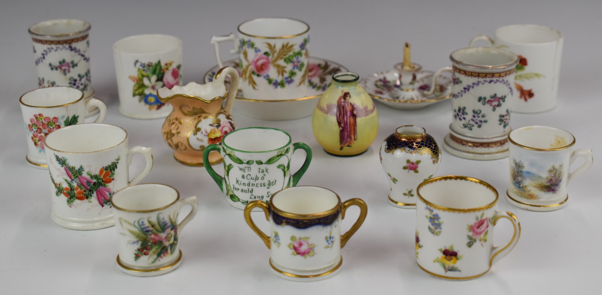 Collection of miniature porcelain including Royal Worcester, Royal Doulton, Crown Derby, Dresden