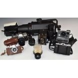 Cameras and accessories to include Canon AL-1 SLR fitted with Tamron 1:2.5 28mm lens, Canon 50mm 1: