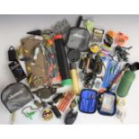 Fishing equipment to include rods, reels, accessories including boxed Bitex alarm, binoculars, Forum