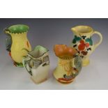 Art Deco and Series Ware jugs by Royal Doulton and two Burleigh Ware jugs with figural bird handles