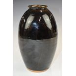 Bernard Leach St Ives studio pottery Tenmoku glazed vase of flattened form with incised willow