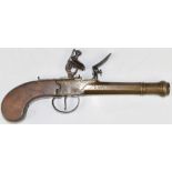 Flintlock pistol with line engraved brass lock, thumb slide safety, walnut grip and 5 inch smooth