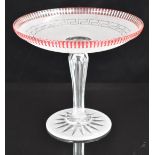 Frosted and cranberry flash overlaid glass tazza with Greek key decoration and star cut base, 28cm