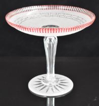 Frosted and cranberry flash overlaid glass tazza with Greek key decoration and star cut base, 28cm