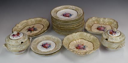 Victorian Coalport porcelain dinnerware hand decorated with floral sprays and with relief moulded