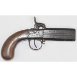 Unnamed percussion hammer action double barrelled over and under pocket pistol with engraved lock,