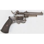 Unnamed 9mm six-shot double action pinfire revolver with engraved frame and cylinder, chequered