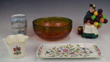 Copenhagen vase, Shelley crested vase, Royal Doulton Balloon Seller, Minton dish and a Monart