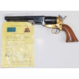 Deactivated Italian six shot single-action revolver with wooden grips, brass frame and 7.5 inch