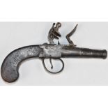 Indistinctly named flintlock pocket pistol with shaped wooden grips and 1.5 inch smooth bored turn